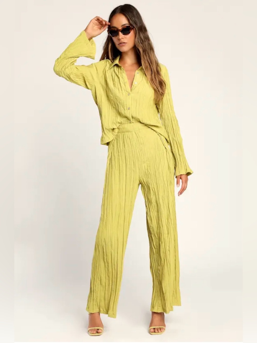 Lulu's Pleat Code Lime Green Pleated Wide-Leg Pants